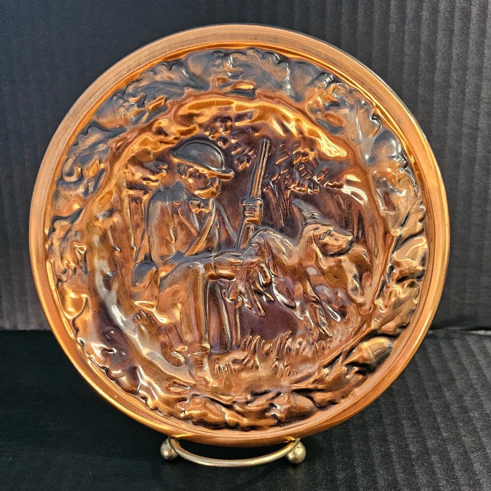 Embossed Copper Wall Plate Copper Craft Guild Hunter With Dogs 6.5" Vintage